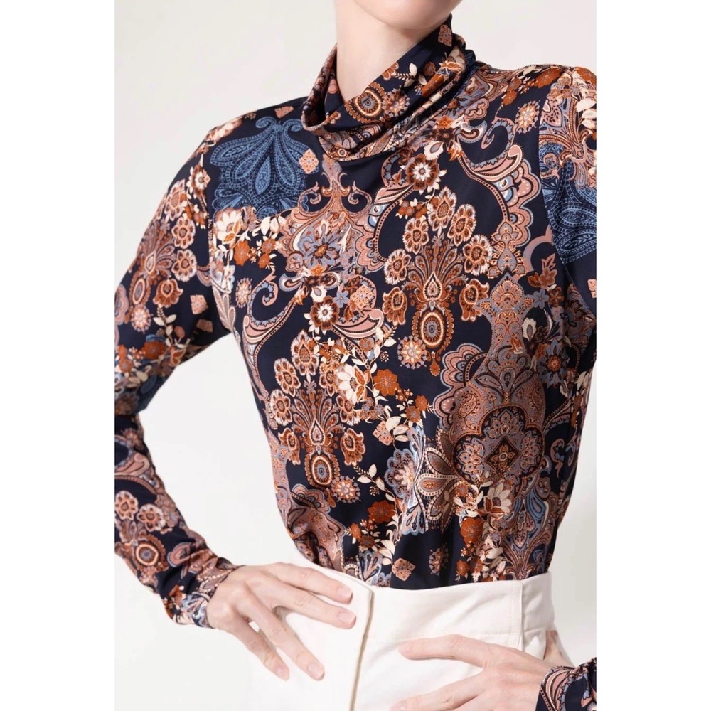 NWT Cara Cara Piper Top Blue Cascade Paisley Turtleneck Stretch Fitted Chic Sm